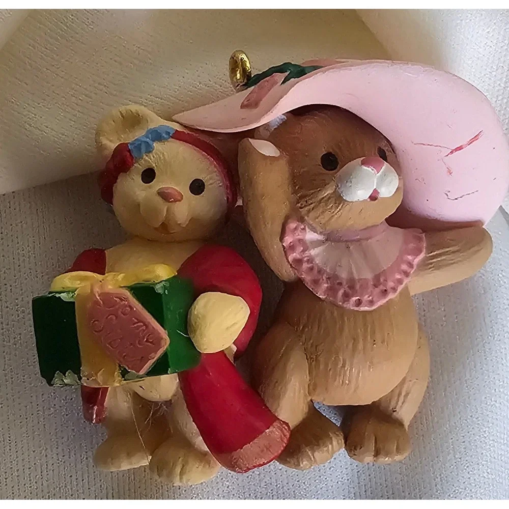 Vintage 1993 Hallmark Keepsake Christmas Ornament Bears with Gift and Pink Hat